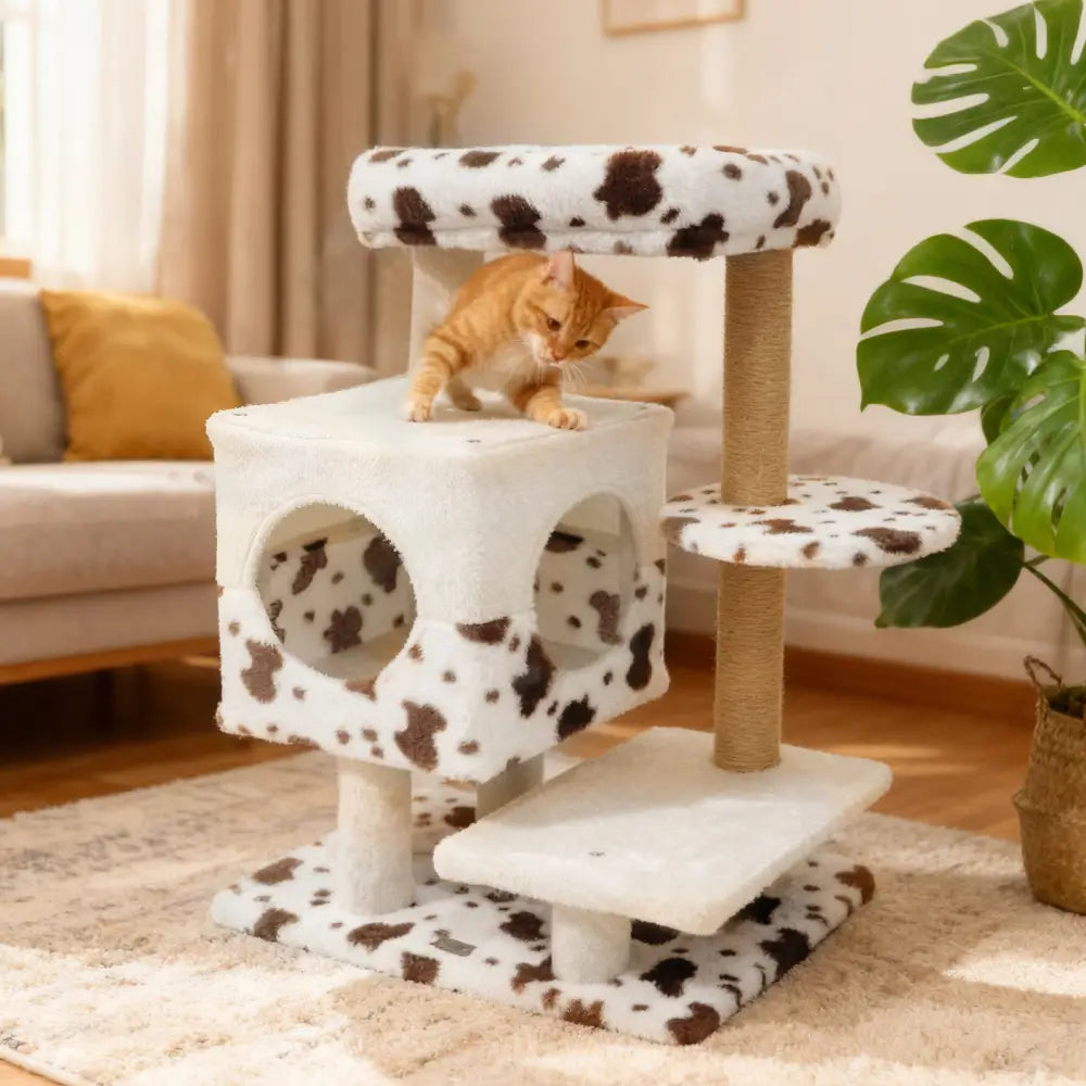 Modern Cat Tree Indoor Cat Tower with Wide Upholstered Perch and 2-Entrance Cat Condo-White - White - Cat Trees Condos