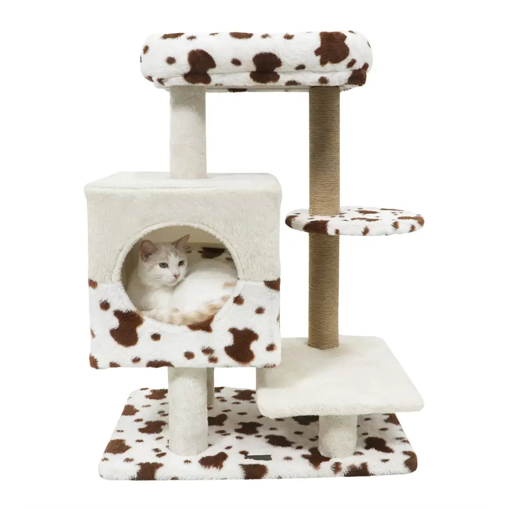 Modern Cat Tree Indoor Cat Tower with Wide Upholstered Perch and 2-Entrance Cat Condo-White - White - Cat Trees Condos