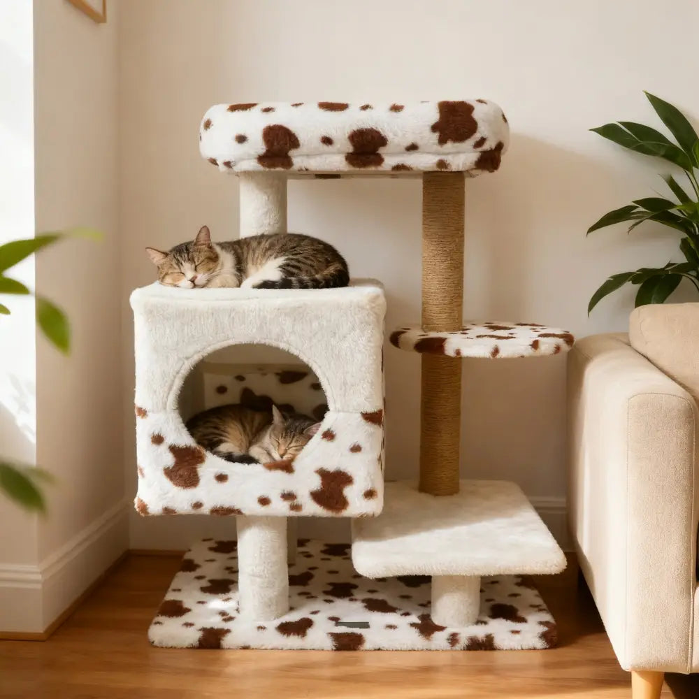 Modern Cat Tree Indoor Cat Tower with Wide Upholstered Perch and 2-Entrance Cat Condo-White - White - Cat Trees Condos