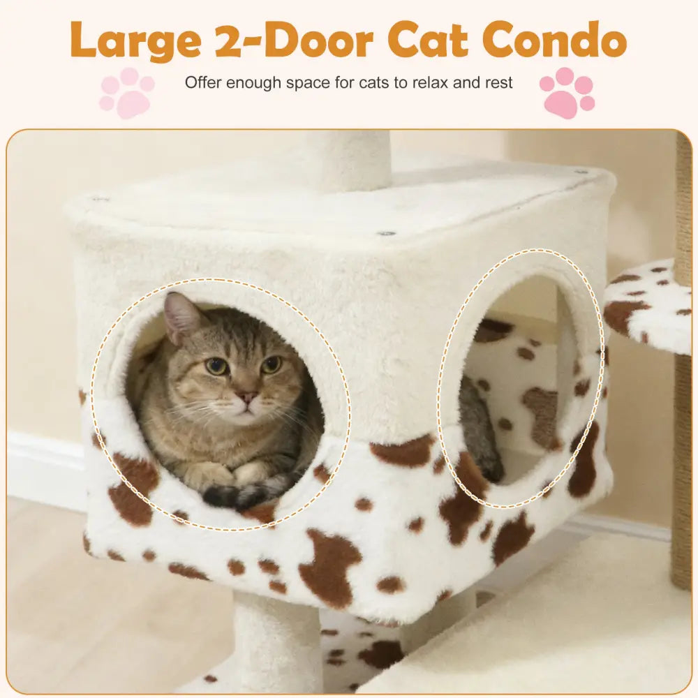 Modern Cat Tree Indoor Cat Tower with Wide Upholstered Perch and 2-Entrance Cat Condo-White - White - Cat Trees Condos