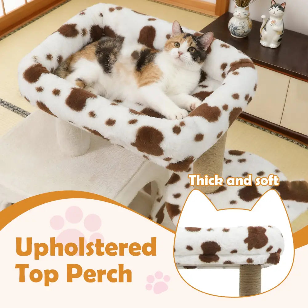 Modern Cat Tree Indoor Cat Tower with Wide Upholstered Perch and 2-Entrance Cat Condo-White - White - Cat Trees Condos