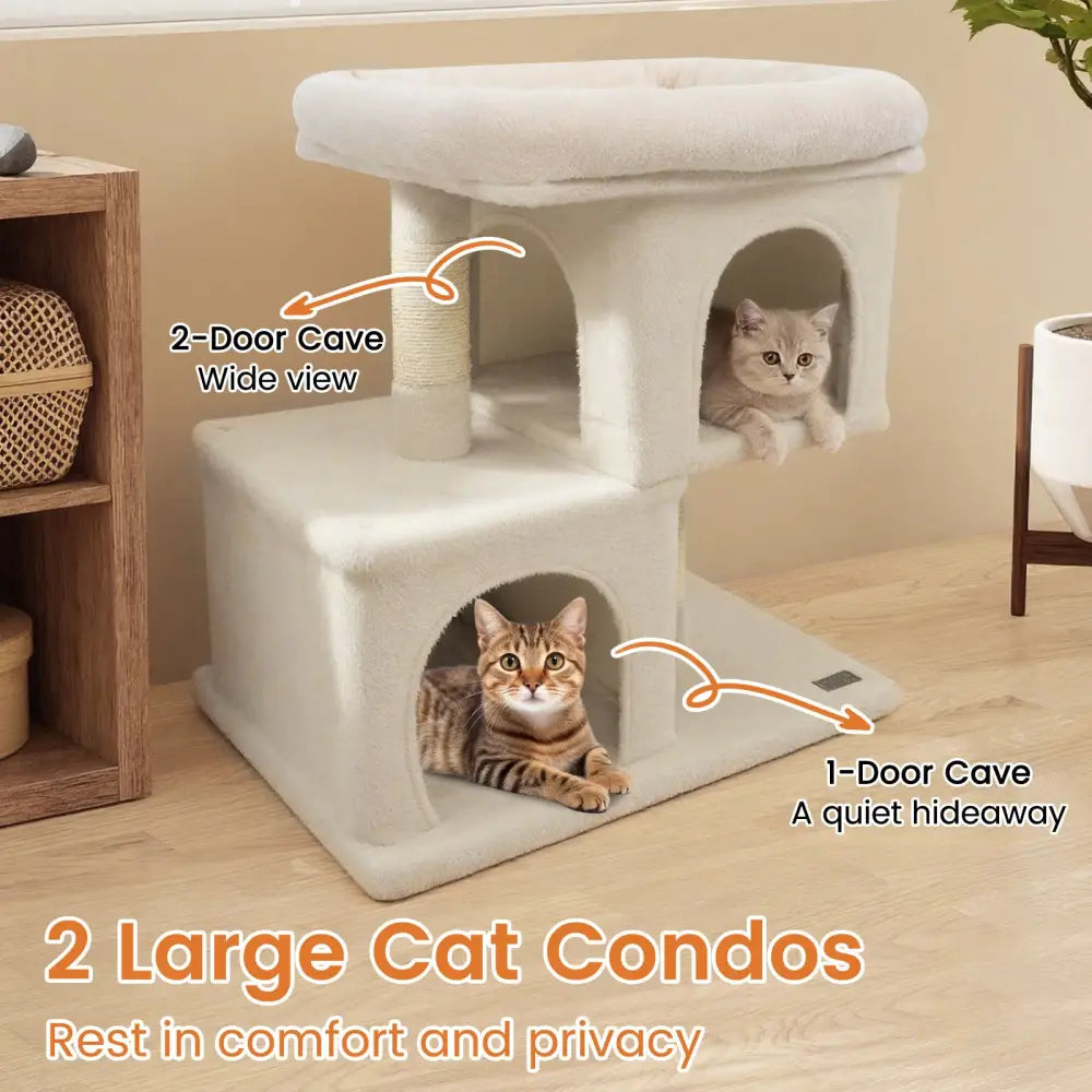 Modern Cat Tree Space-saving Cat Tower with Upholstered Perch and 2 Cat Condos-Beige - Beige - Cat Trees Condos &