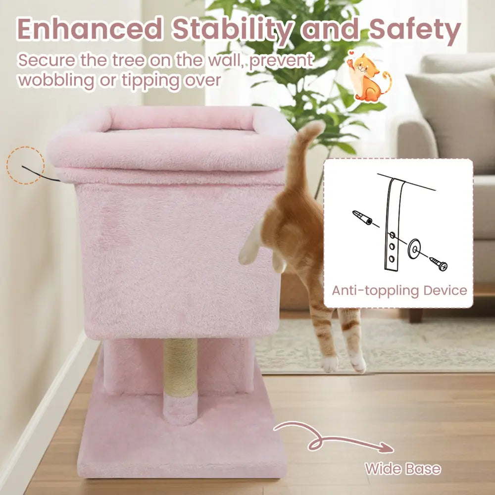 Modern Cat Tree Space-saving Cat Tower with Upholstered Perch and 2 Cat Condos-Pink - Pink - Cat Trees Condos &