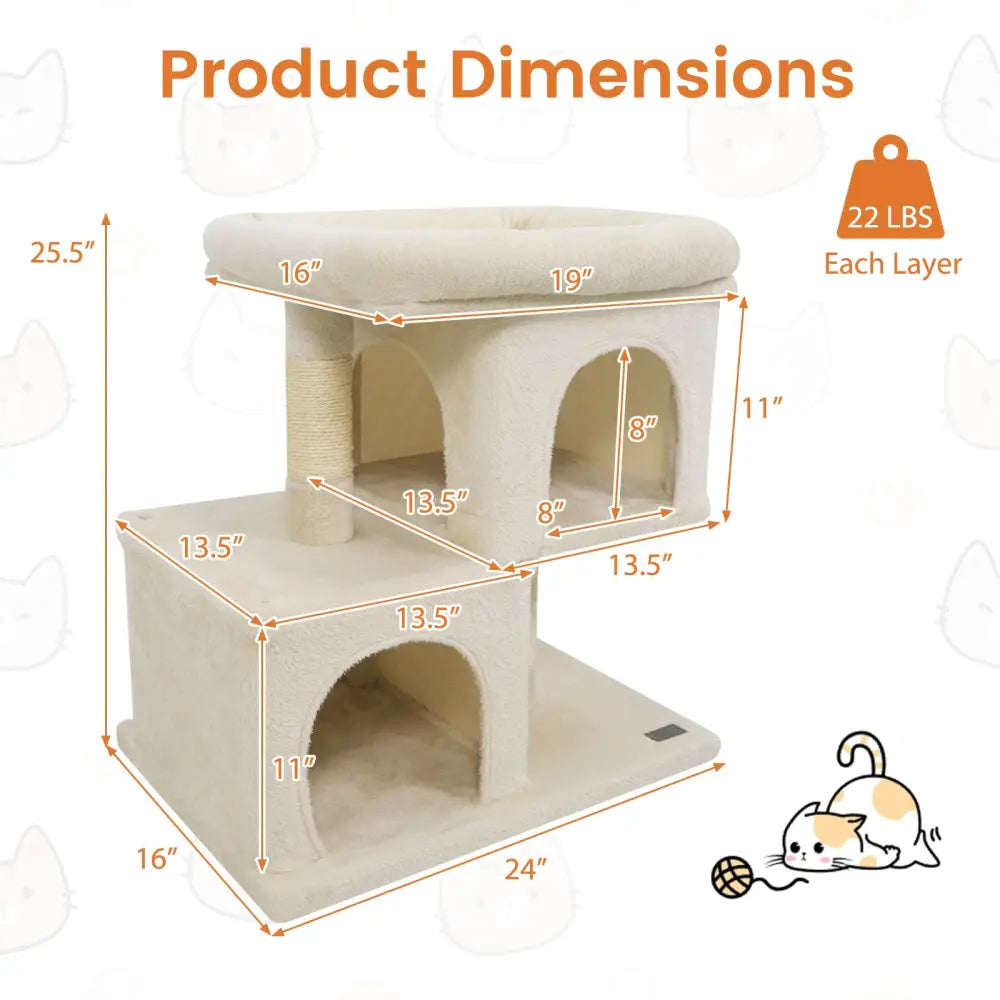 Modern Cat Tree Space-saving Cat Tower with Upholstered Perch and 2 Cat Condos-Beige - Beige - Cat Trees Condos &