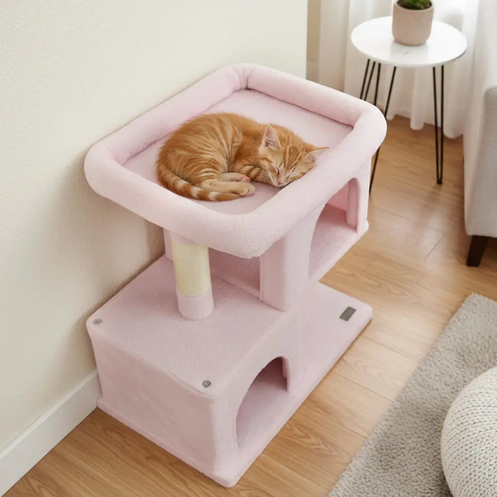 Modern Cat Tree Space-saving Cat Tower with Upholstered Perch and 2 Cat Condos-Pink - Pink - Cat Trees Condos &