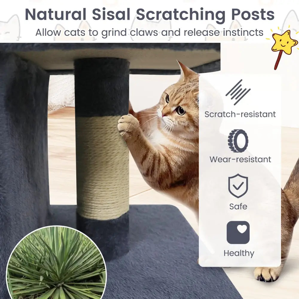 Modern Cat Tree Space-saving Cat Tower with Upholstered Perch and 2 Cat Condos-Dark Grey - Dark Gray - Cat Trees Condos