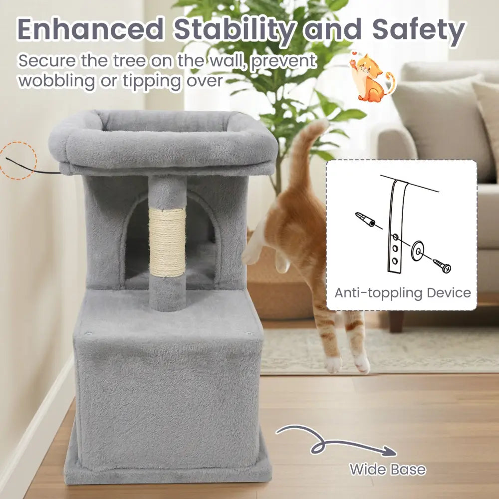 Modern Cat Tree Space-saving Cat Tower with Upholstered Perch and 2 Cat Condos-Gray - Gray - Cat Trees Condos &