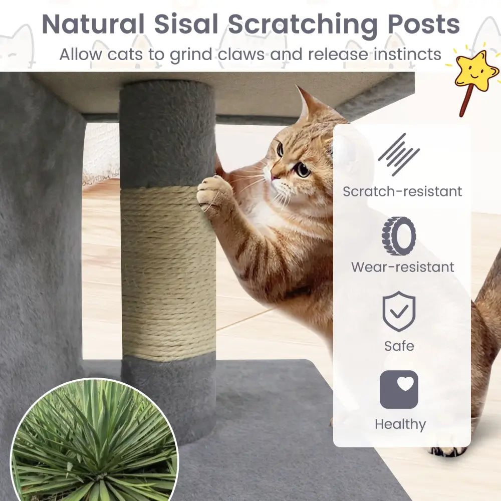 Modern Cat Tree Space-saving Cat Tower with Upholstered Perch and 2 Cat Condos-Gray - Gray - Cat Trees Condos &