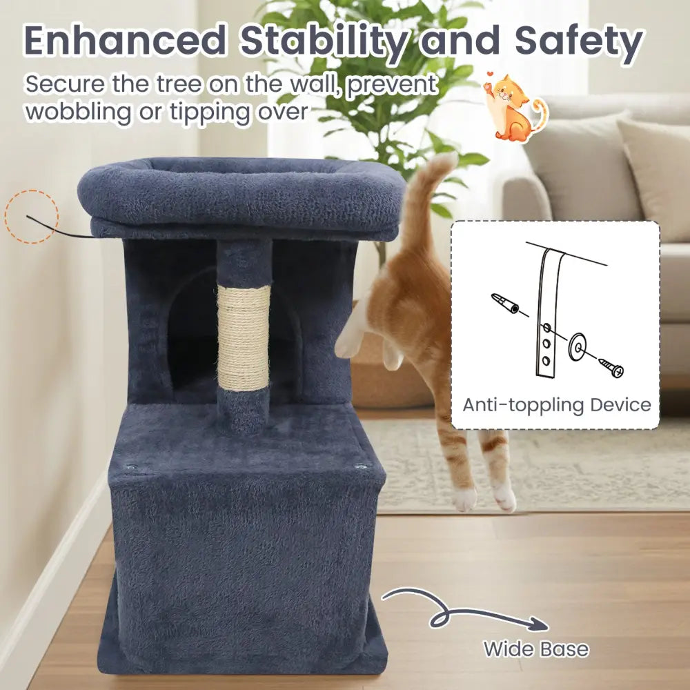 Modern Cat Tree Space-saving Cat Tower with Upholstered Perch and 2 Cat Condos-Dark Grey - Dark Gray - Cat Trees Condos