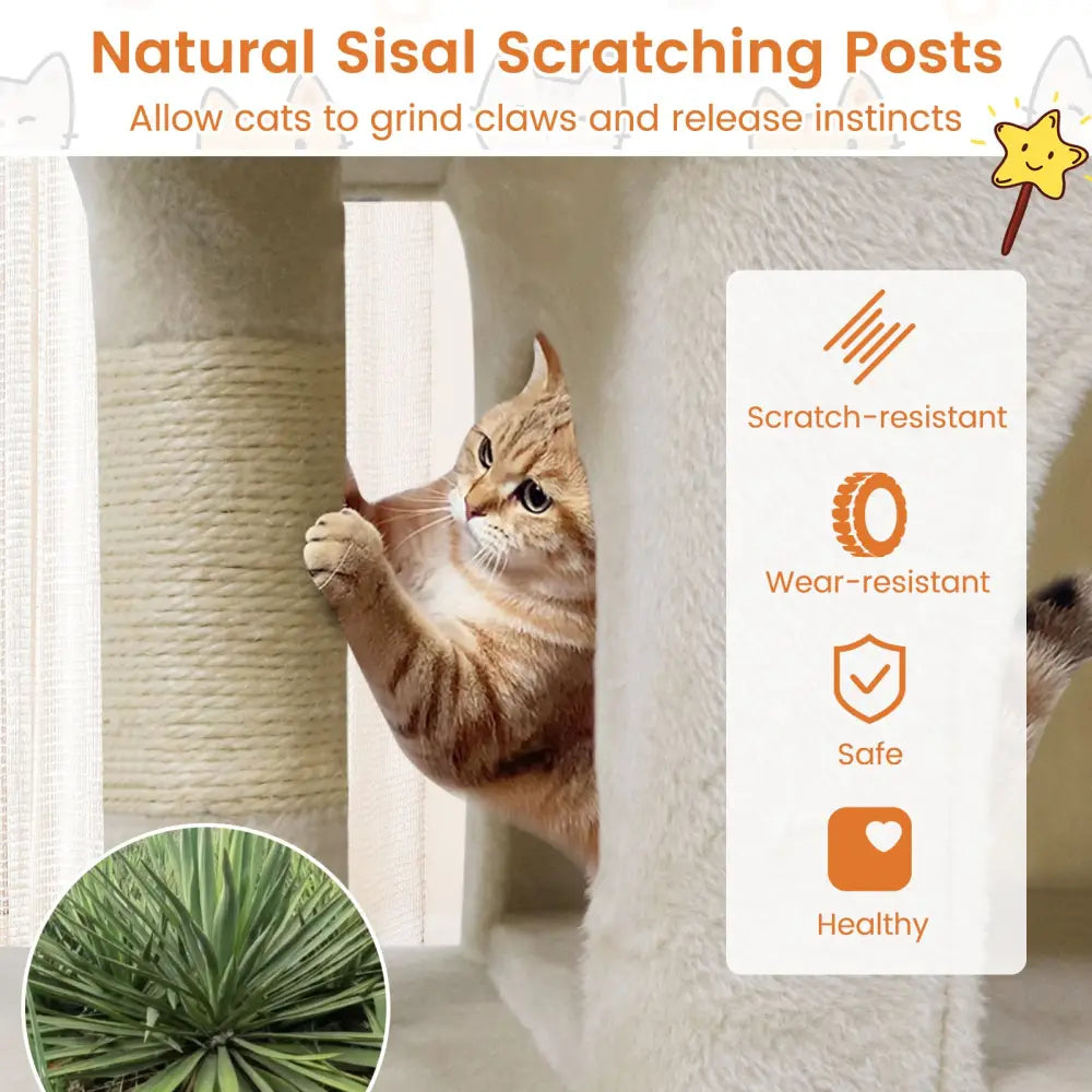 Modern Cat Tree Space-saving Cat Tower with Upholstered Perch and 2 Cat Condos-Beige - Beige - Cat Trees Condos &