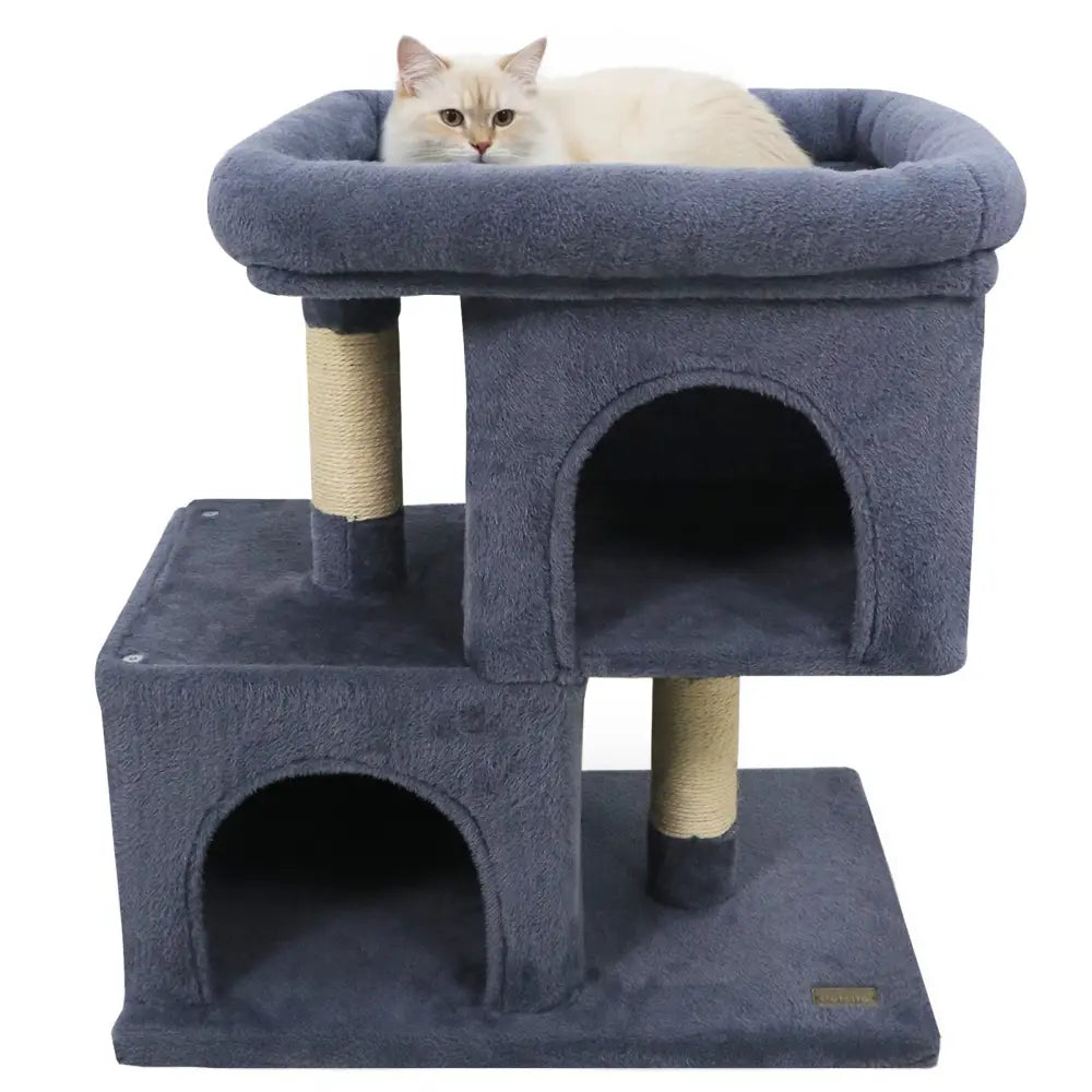 Modern Cat Tree Space-saving Cat Tower with Upholstered Perch and 2 Cat Condos-Dark Grey - Dark Gray - Cat Trees Condos
