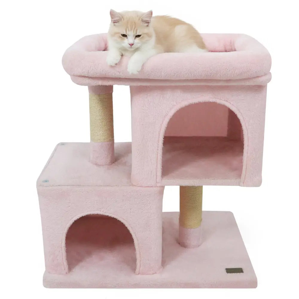 Modern Cat Tree Space-saving Cat Tower with Upholstered Perch and 2 Cat Condos-Pink - Pink - Cat Trees Condos &