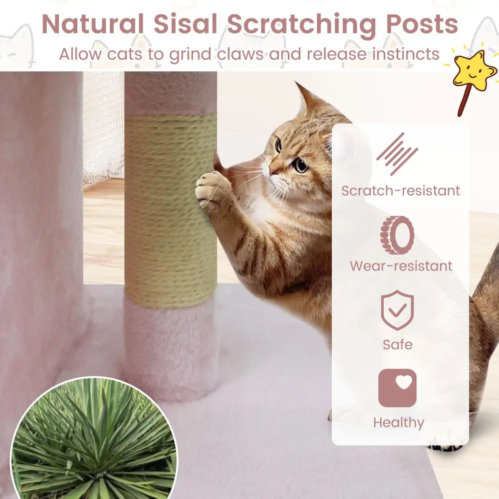 Modern Cat Tree Space-saving Cat Tower with Upholstered Perch and 2 Cat Condos-Pink - Pink - Cat Trees Condos &