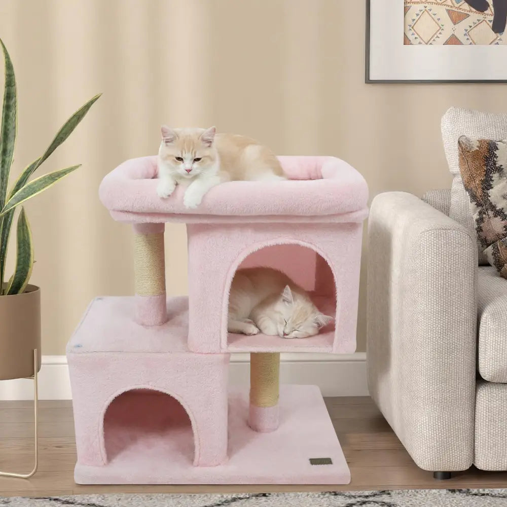 Modern Cat Tree Space-saving Cat Tower with Upholstered Perch and 2 Cat Condos-Pink - Pink - Cat Trees Condos &