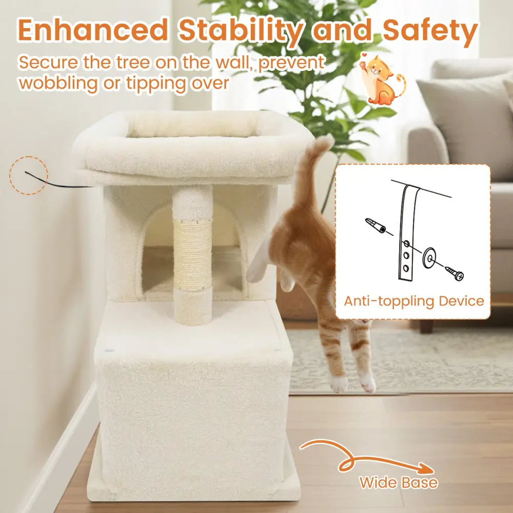 Modern Cat Tree Space-saving Cat Tower with Upholstered Perch and 2 Cat Condos-Beige - Beige - Cat Trees Condos &