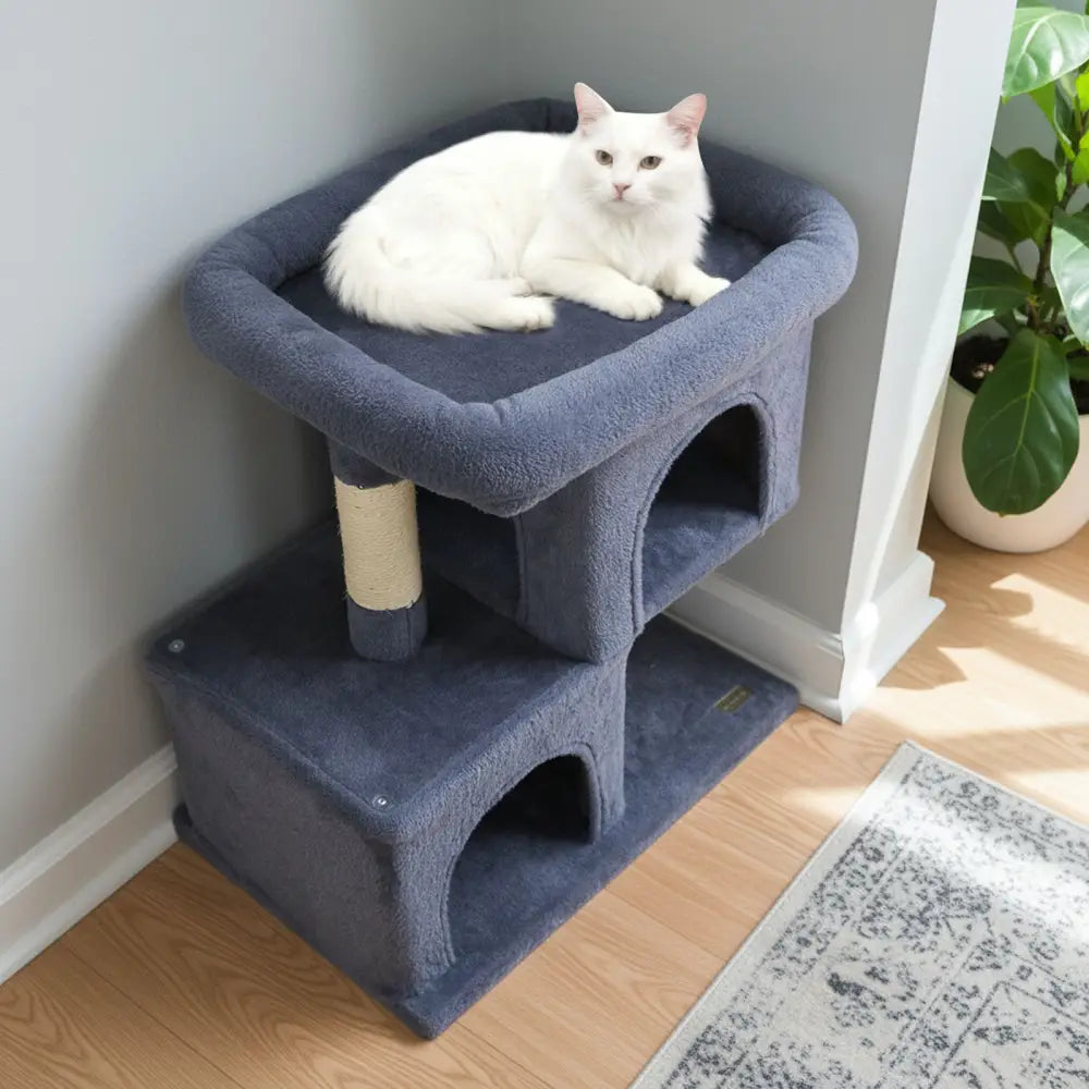 Modern Cat Tree Space-saving Cat Tower with Upholstered Perch and 2 Cat Condos-Dark Grey - Dark Gray - Cat Trees Condos