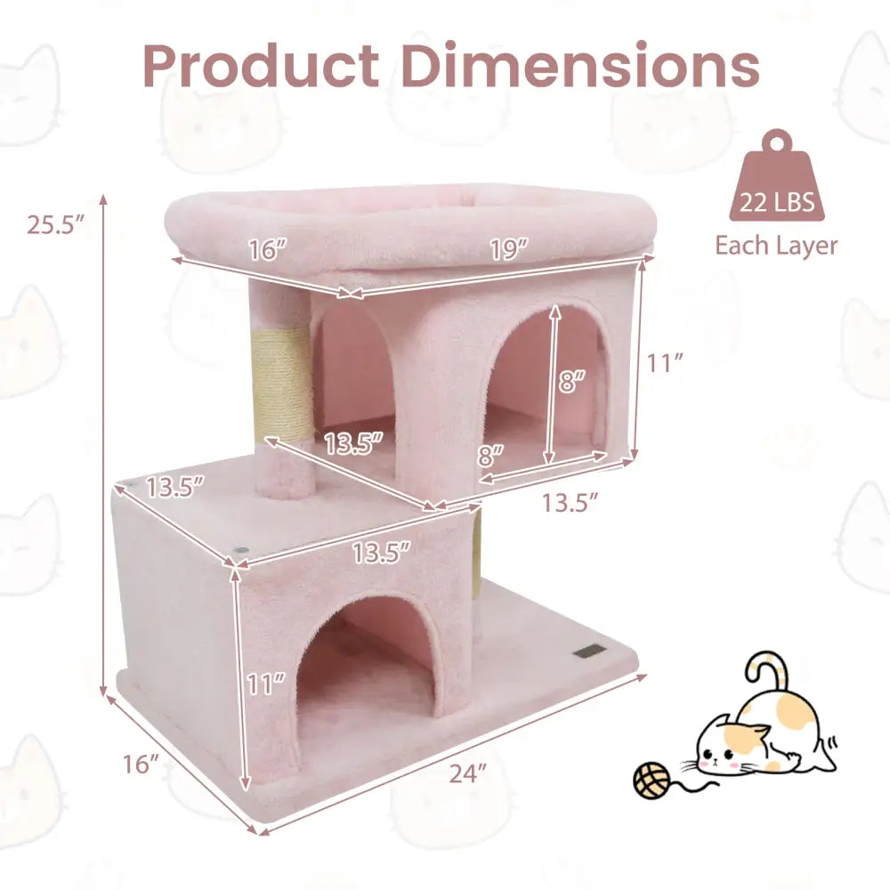 Modern Cat Tree Space-saving Cat Tower with Upholstered Perch and 2 Cat Condos-Pink - Pink - Cat Trees Condos &