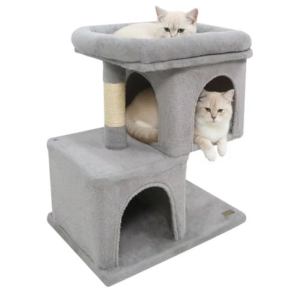 Modern Cat Tree Space - saving Cat Tower with Upholstered Perch and 2 Cat Condos - Gray - Oasis Home Essentials