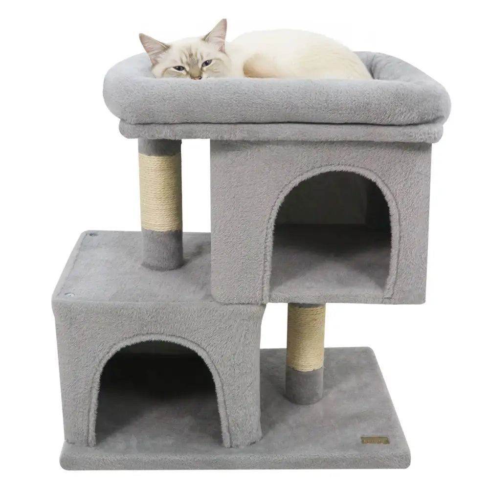 Modern Cat Tree Space-saving Cat Tower with Upholstered Perch and 2 Cat Condos-Gray - Gray - Cat Trees Condos &