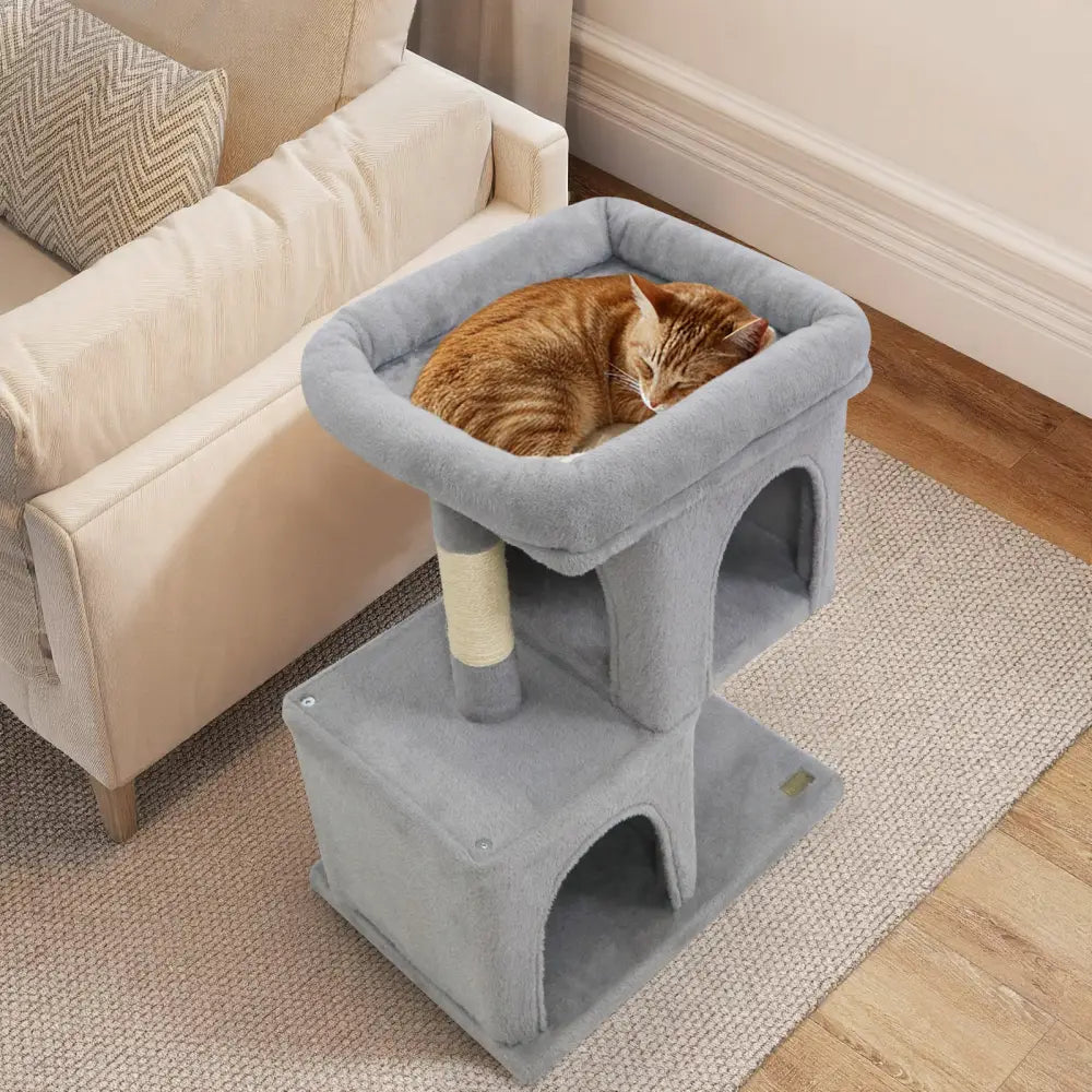 Modern Cat Tree Space-saving Cat Tower with Upholstered Perch and 2 Cat Condos-Gray - Gray - Cat Trees Condos &