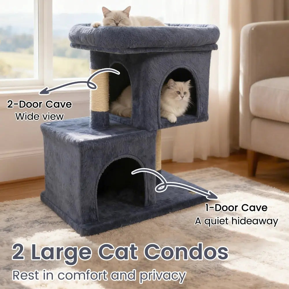Modern Cat Tree Space-saving Cat Tower with Upholstered Perch and 2 Cat Condos-Dark Grey - Dark Gray - Cat Trees Condos