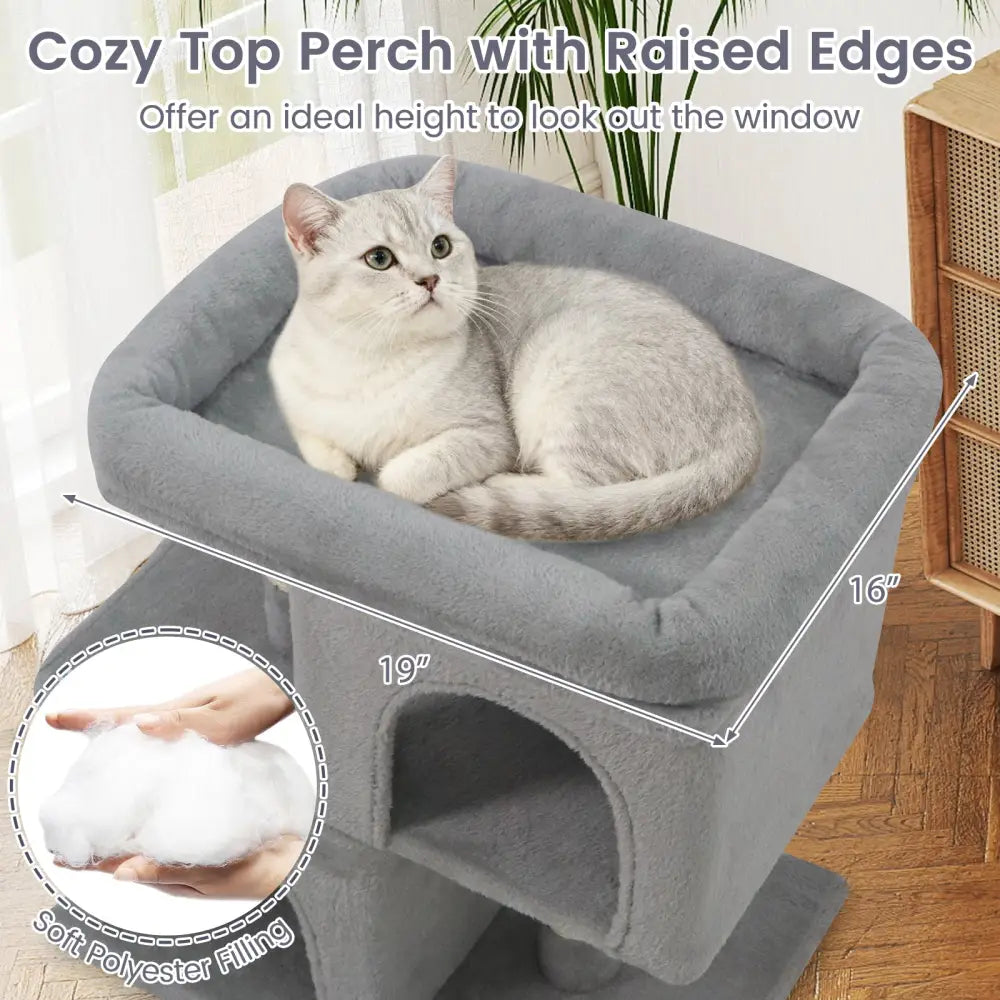 Modern Cat Tree Space-saving Cat Tower with Upholstered Perch and 2 Cat Condos-Gray - Gray - Cat Trees Condos &