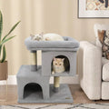 Modern Cat Tree Space-saving Cat Tower with Upholstered Perch and 2 Cat Condos-Gray - Gray - Cat Trees Condos &