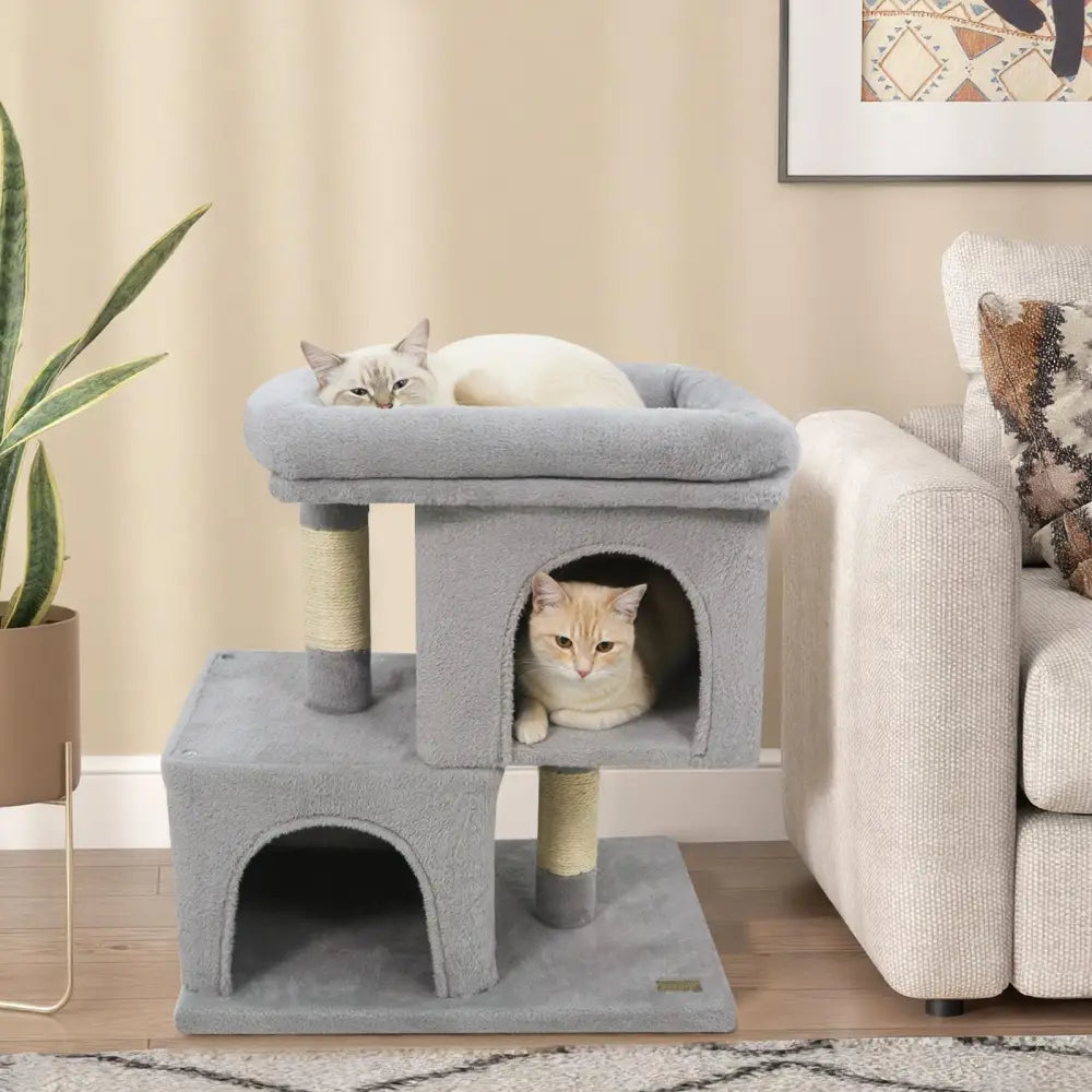 Modern Cat Tree Space-saving Cat Tower with Upholstered Perch and 2 Cat Condos-Gray - Gray - Cat Trees Condos &