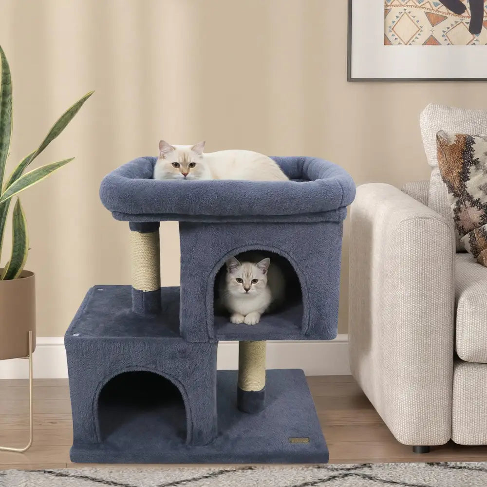 Modern Cat Tree Space-saving Cat Tower with Upholstered Perch and 2 Cat Condos-Dark Grey - Dark Gray - Cat Trees Condos