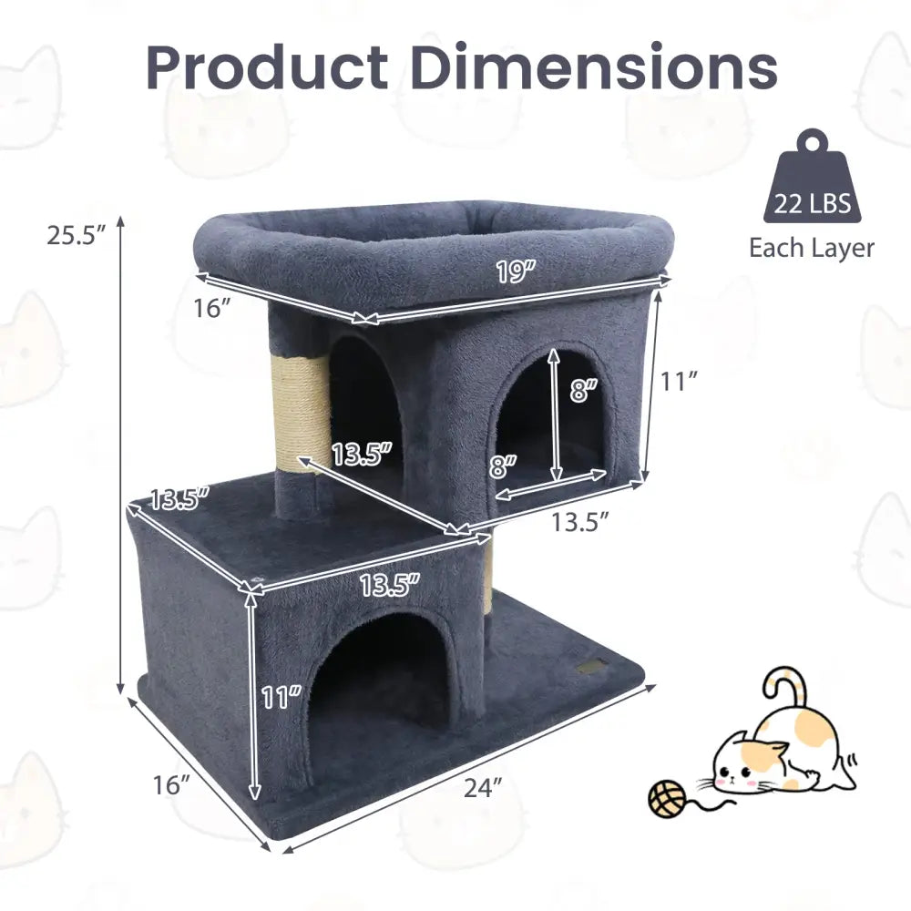 Modern Cat Tree Space-saving Cat Tower with Upholstered Perch and 2 Cat Condos-Dark Grey - Dark Gray - Cat Trees Condos