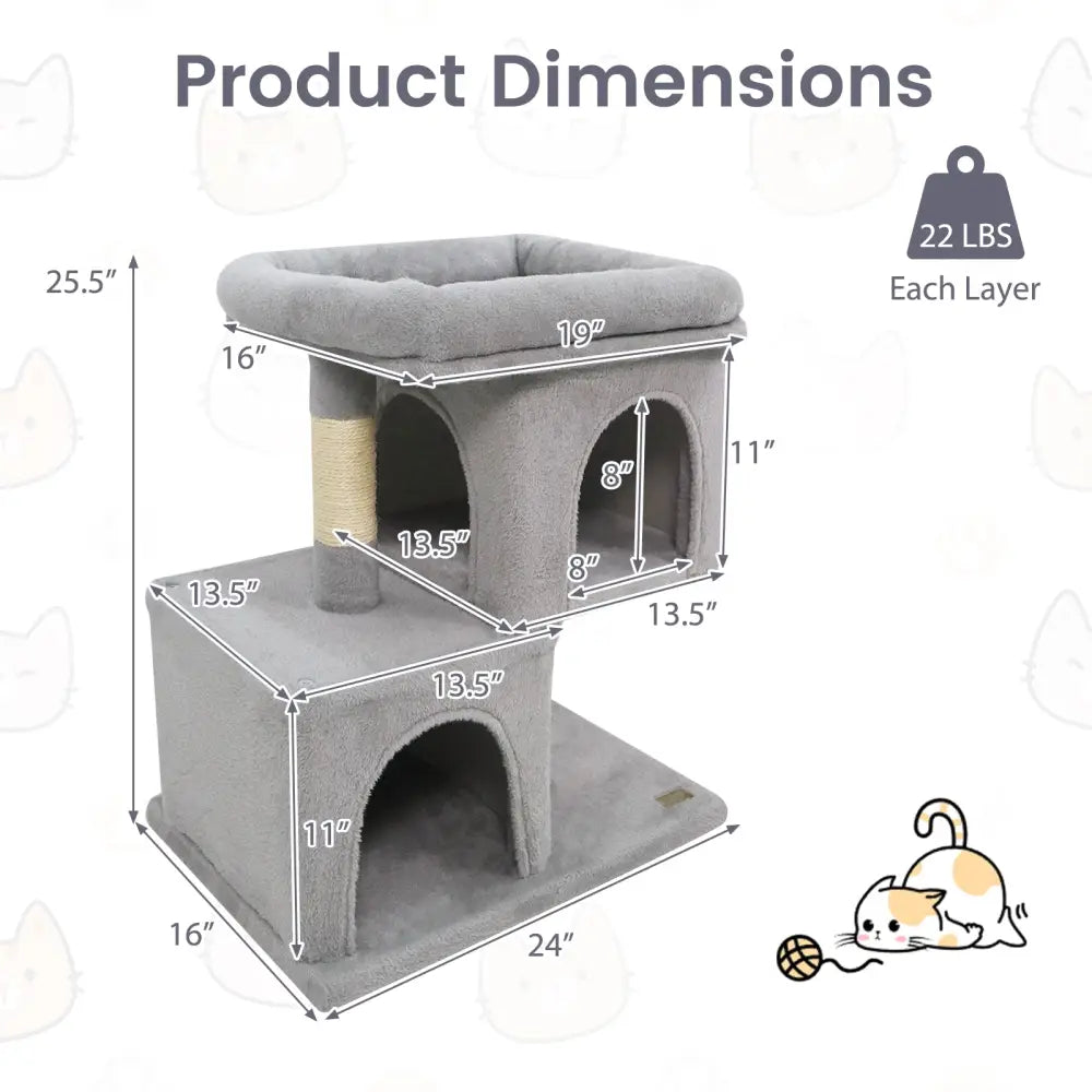 Modern Cat Tree Space-saving Cat Tower with Upholstered Perch and 2 Cat Condos-Gray - Gray - Cat Trees Condos &