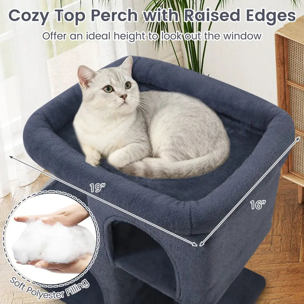 Modern Cat Tree Space-saving Cat Tower with Upholstered Perch and 2 Cat Condos-Dark Grey - Dark Gray - Cat Trees Condos