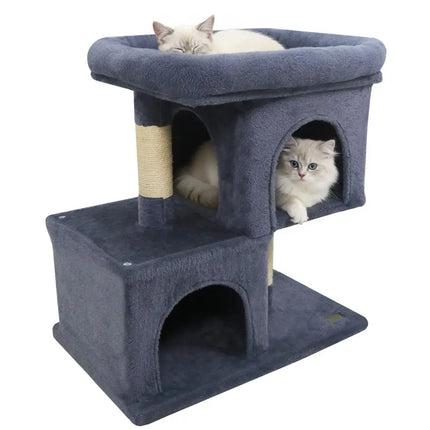 Modern Cat Tree Space - saving Cat Tower with Upholstered Perch and 2 Cat Condos - Dark Grey - Oasis Home Essentials