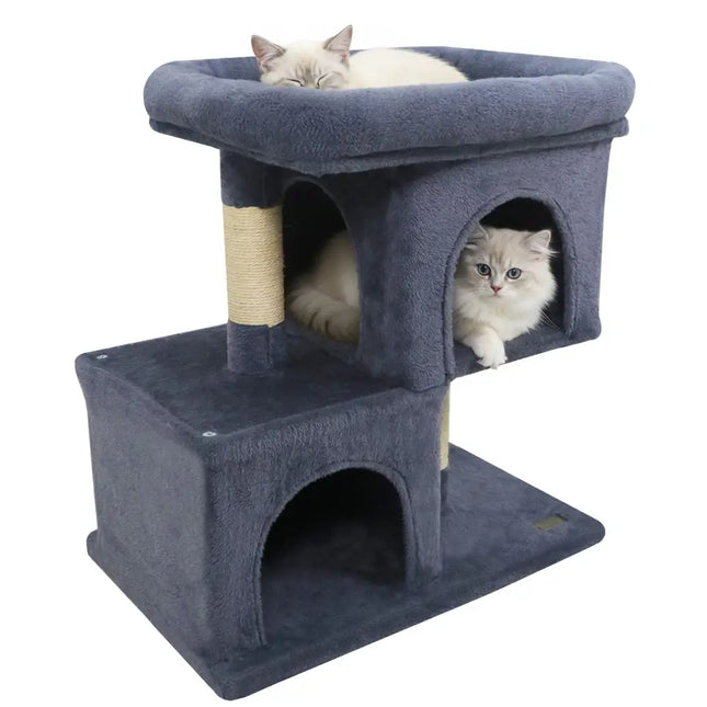 Modern Cat Tree Space - saving Cat Tower with Upholstered Perch and 2 Cat Condos - Dark Grey - Oasis Home Essentials