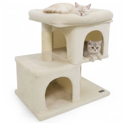 Modern Cat Tree Space - saving Cat Tower with Upholstered Perch and 2 Cat Condos - Beige - Oasis Home Essentials