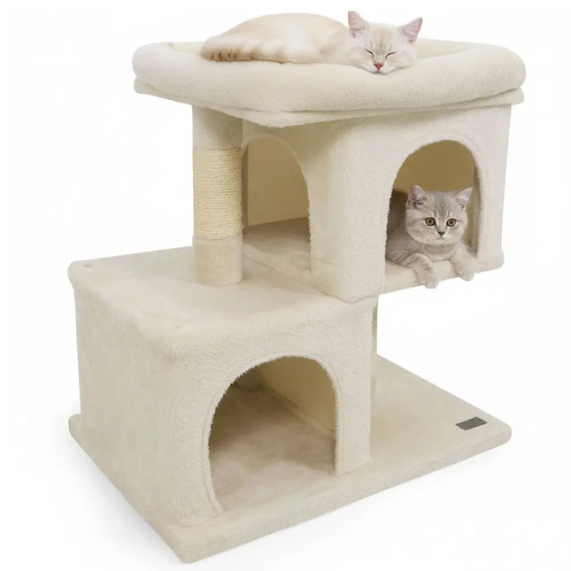 Modern Cat Tree Space - saving Cat Tower with Upholstered Perch and 2 Cat Condos - Beige - Oasis Home Essentials