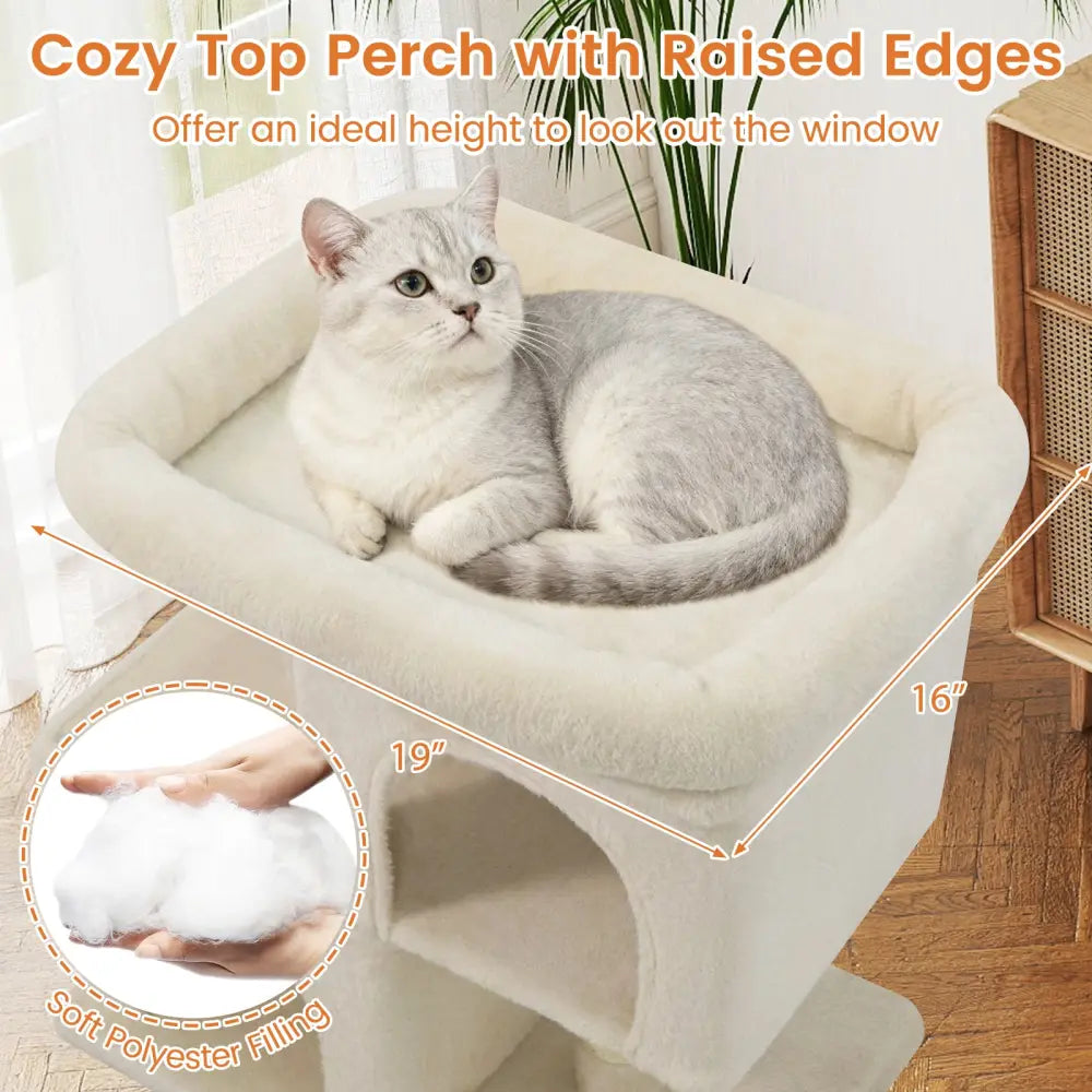 Modern Cat Tree Space-saving Cat Tower with Upholstered Perch and 2 Cat Condos-Beige - Beige - Cat Trees Condos &