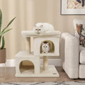Modern Cat Tree Space-saving Cat Tower with Upholstered Perch and 2 Cat Condos-Beige - Beige - Cat Trees Condos &