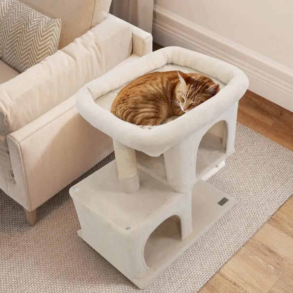 Modern Cat Tree Space-saving Cat Tower with Upholstered Perch and 2 Cat Condos-Beige - Beige - Cat Trees Condos &