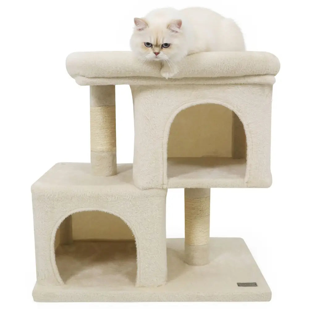 Modern Cat Tree Space-saving Cat Tower with Upholstered Perch and 2 Cat Condos-Beige - Beige - Cat Trees Condos &
