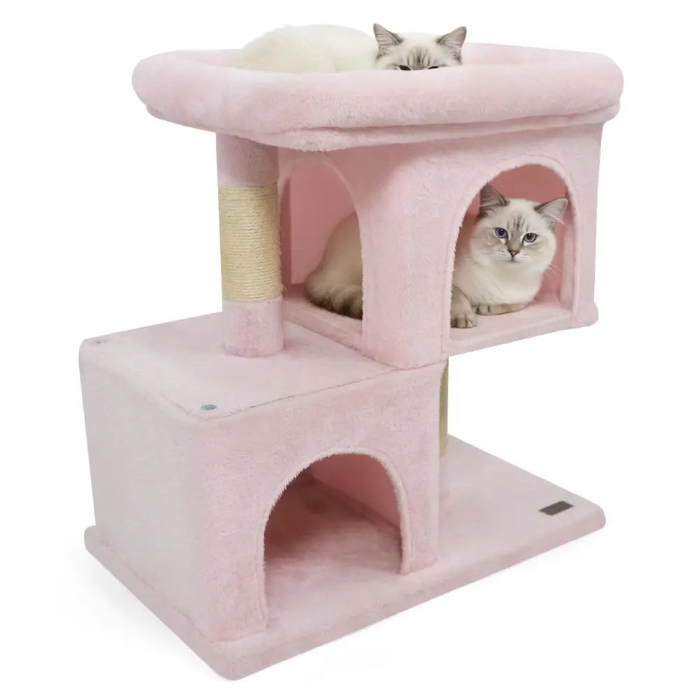 Modern Cat Tree Space-saving Cat Tower with Upholstered Perch and 2 Cat Condos-Pink - Pink - Cat Trees Condos &