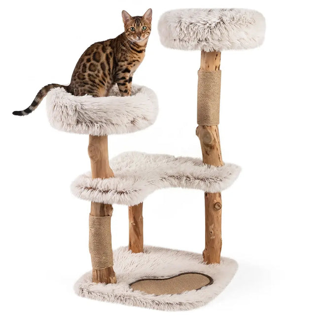 Modern Cat Tree Tower 40" with Luxury Real Wood Natural Branch - White - Oasis Home Essentials