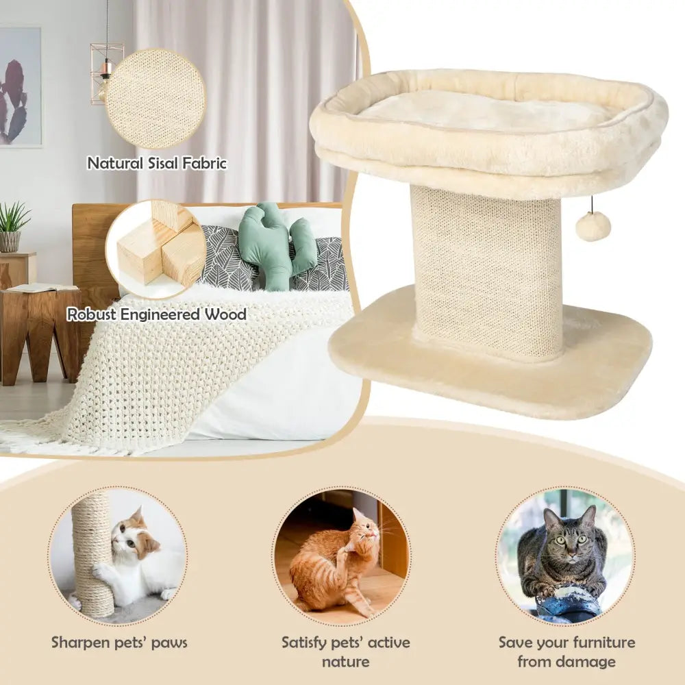 Modern Cat Tree Tower with Large Plush Perch and Sisal Scratching Plate-Beige - Beige - Cat Trees Condos & Scratchers