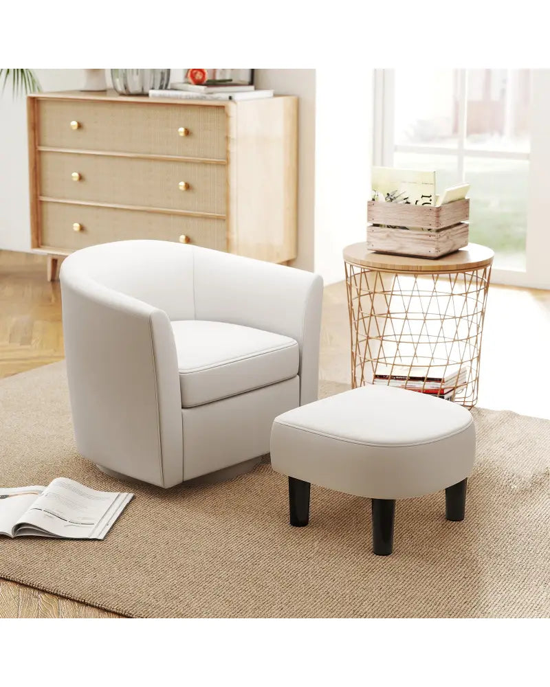 Modern Club Swivel Accent Chair with Ottoman Footrest Curved Backrest-Beige - Cream White - Accent Chairs