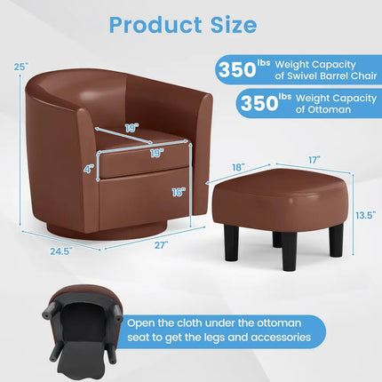 Modern Club Swivel Accent Chair with Ottoman Footrest Curved Backrest-Brown - Brown - Accent Chairs