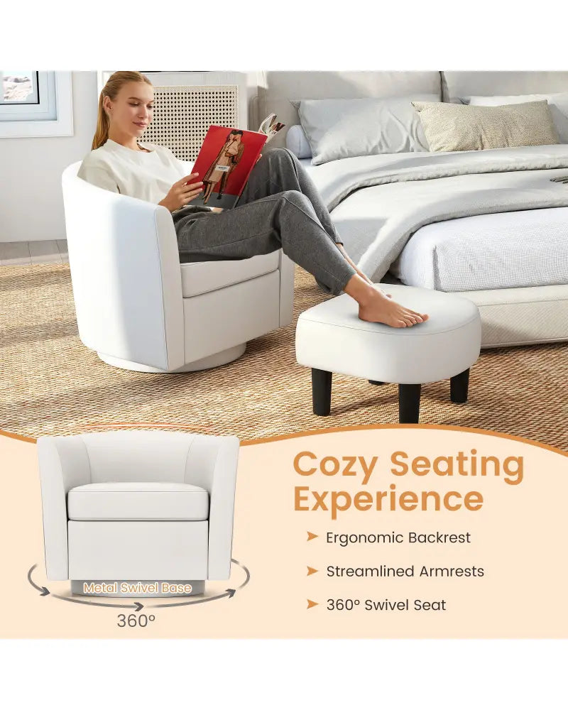 Modern Club Swivel Accent Chair with Ottoman Footrest Curved Backrest-Beige - Cream White - Accent Chairs