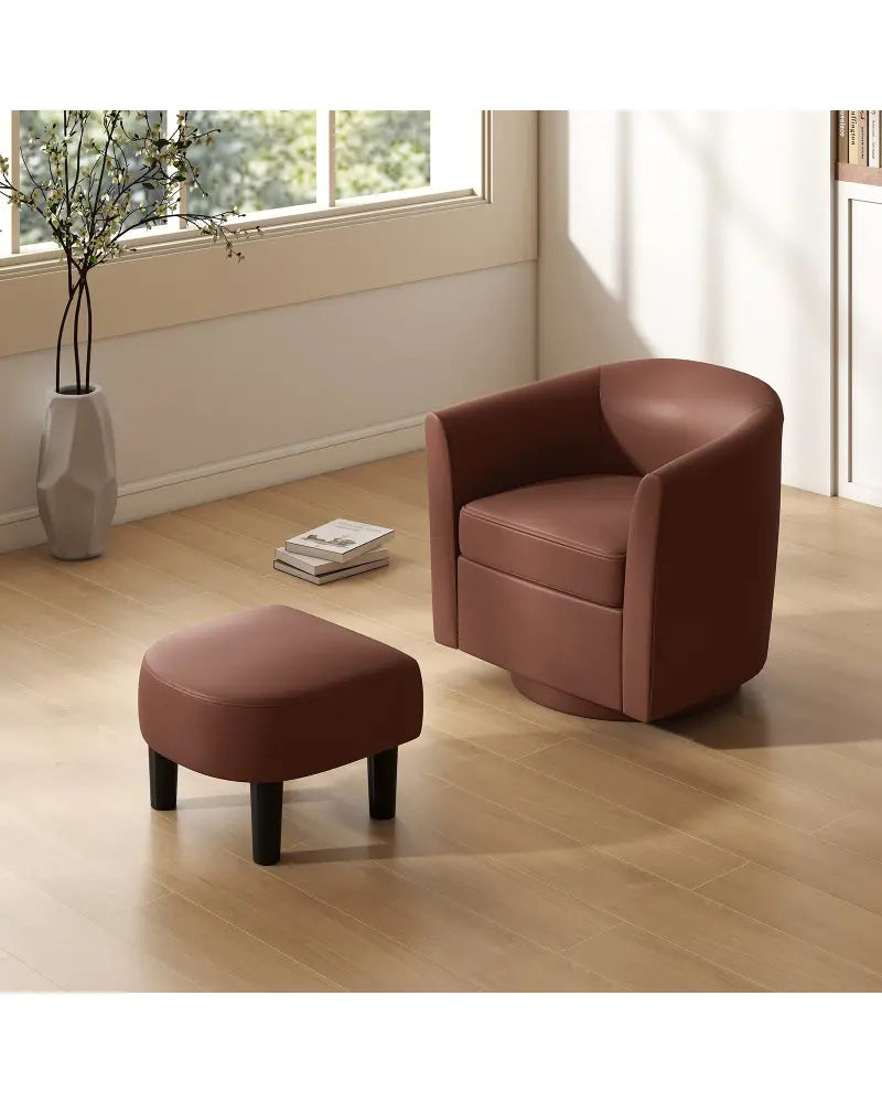 Modern Club Swivel Accent Chair with Ottoman Footrest Curved Backrest-Brown - Brown - Accent Chairs