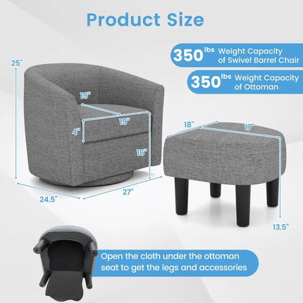 Modern Club Swivel Accent Chair with Ottoman Footrest Curved Backrest-Grey - Gray - Accent Chairs