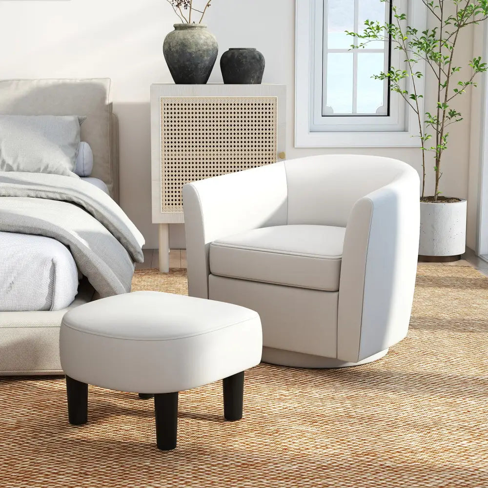 Modern Club Swivel Accent Chair with Ottoman Footrest Curved Backrest-Beige - Cream White - Accent Chairs