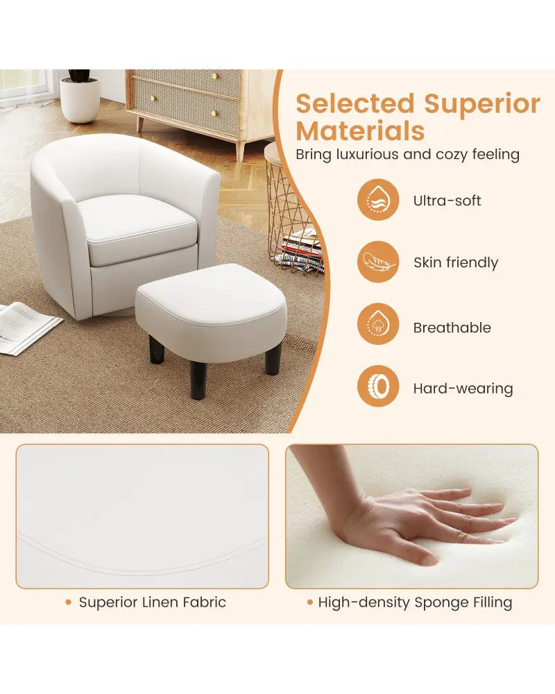 Modern Club Swivel Accent Chair with Ottoman Footrest Curved Backrest-Beige - Cream White - Accent Chairs